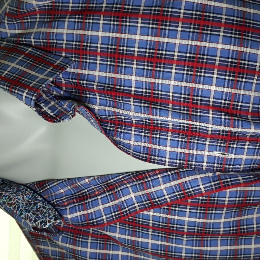 Bugatchi mens red and blue plaid cotton shirt. Large